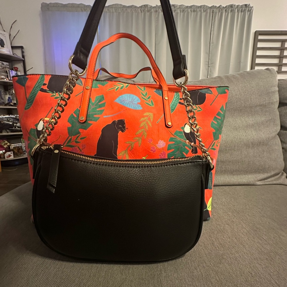2PC set Stylish Black purse and Orange Women's Tote Bag